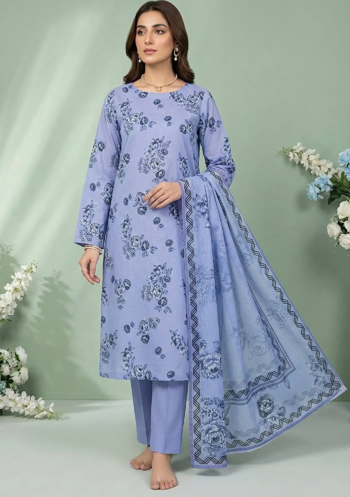 Azure Petal Powder Blue 3PC Printed Lawn front view