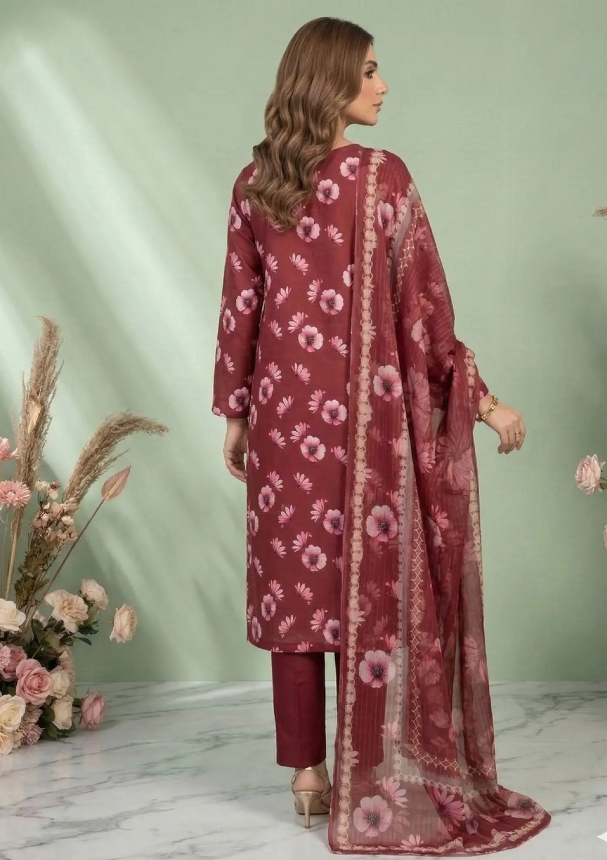 Garnet Blossom Maroon 3PC Printed Lawn back view