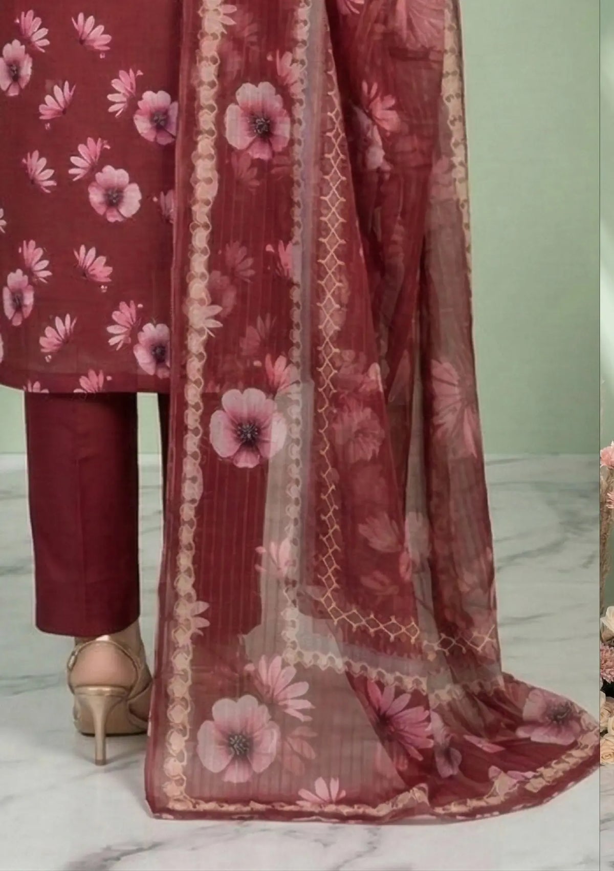 Garnet Blossom Maroon 3PC Printed Lawn shirt print detail