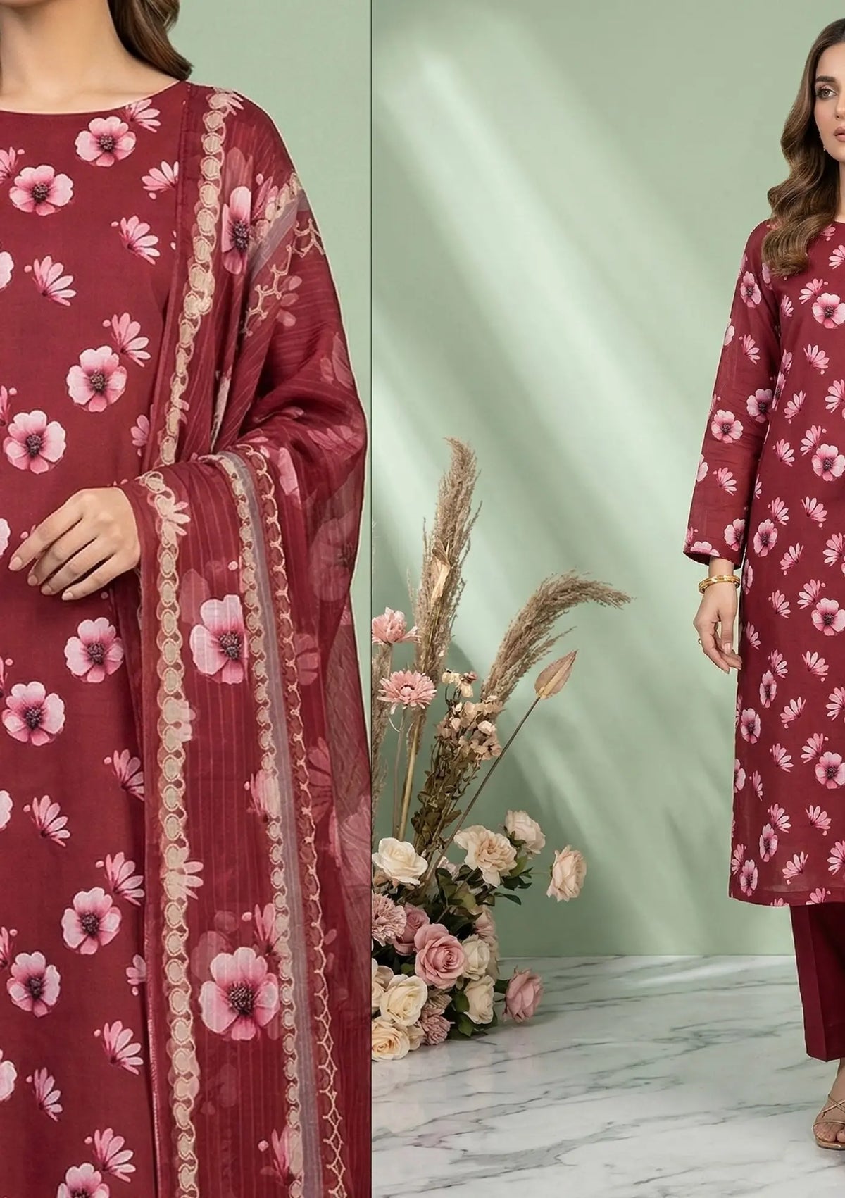 Garnet Blossom Maroon 3PC Printed Lawn dupatta view