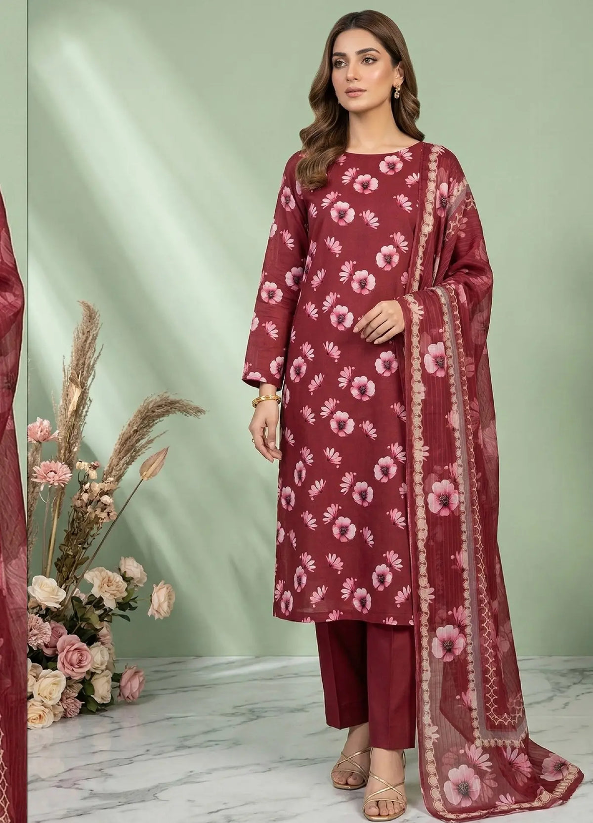Garnet Blossom Maroon 3PC Printed Lawn front view
