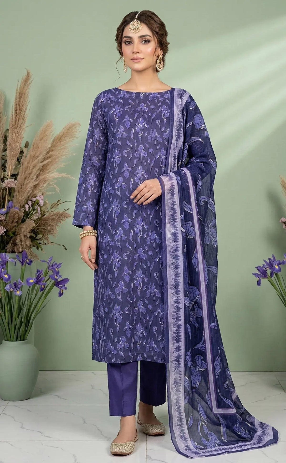 Indigo Whisper 3PC Printed Lawn front view