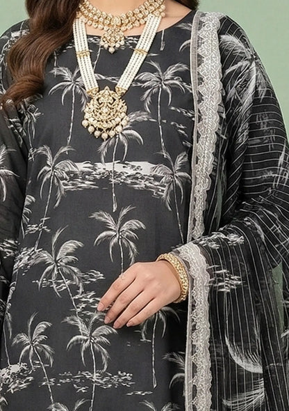 Midnight Palm Charcoal 3PC Printed Lawn shirt print detail