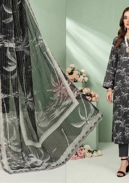 Midnight Palm Charcoal 3PC Printed Lawn dupatta view