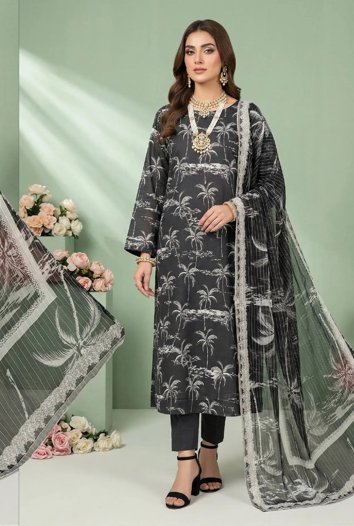 Midnight Palm Charcoal 3PC Printed Lawn front view