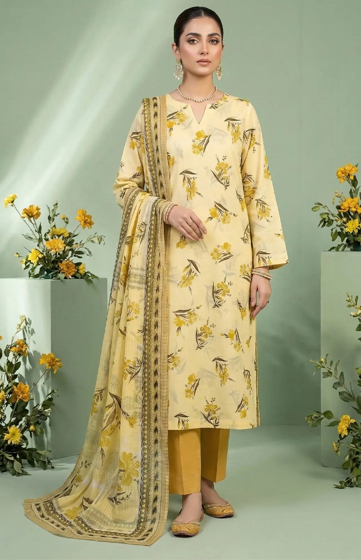 Sunlit Meadow Yellow 3PC Printed Lawn front view