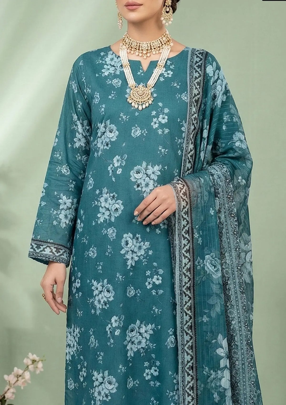Teal Garden 3PC Printed Lawn dupatta view