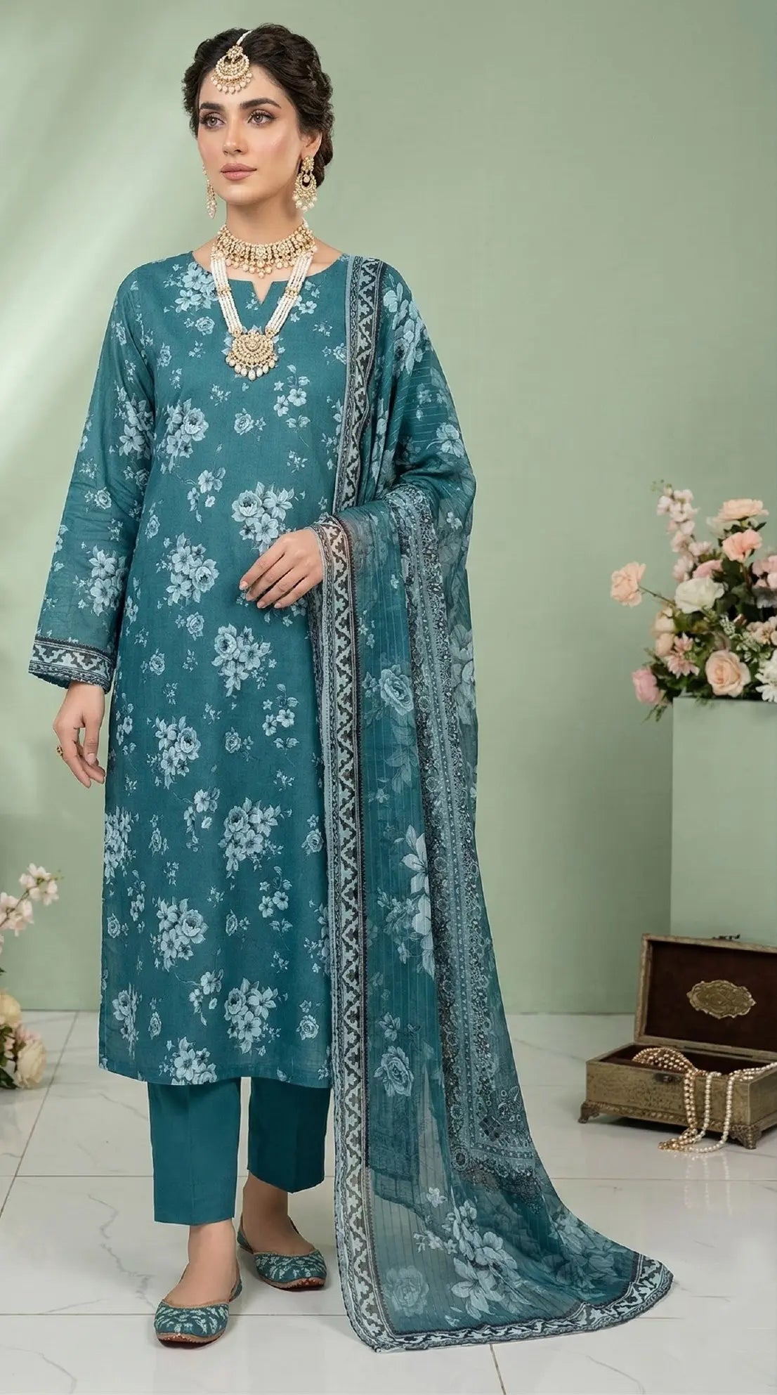 Teal Garden 3PC Printed Lawn front view