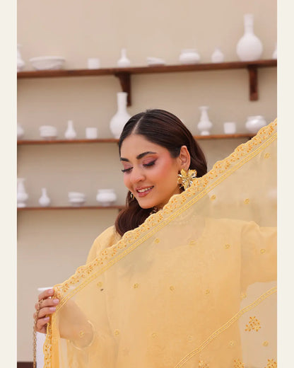 Silent Meadow marigold embroidered dupatta and chamki lawn detail