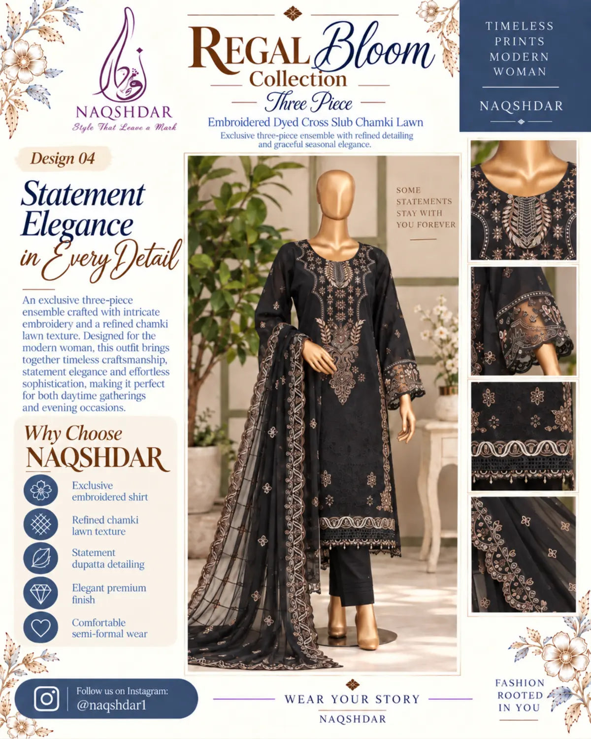 Queen of Hearts Silent Noir black unstitched chamki lawn 3 piece main catalog view