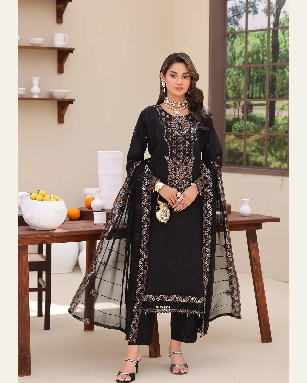 Silent Noir black embroidered chamki lawn full front view