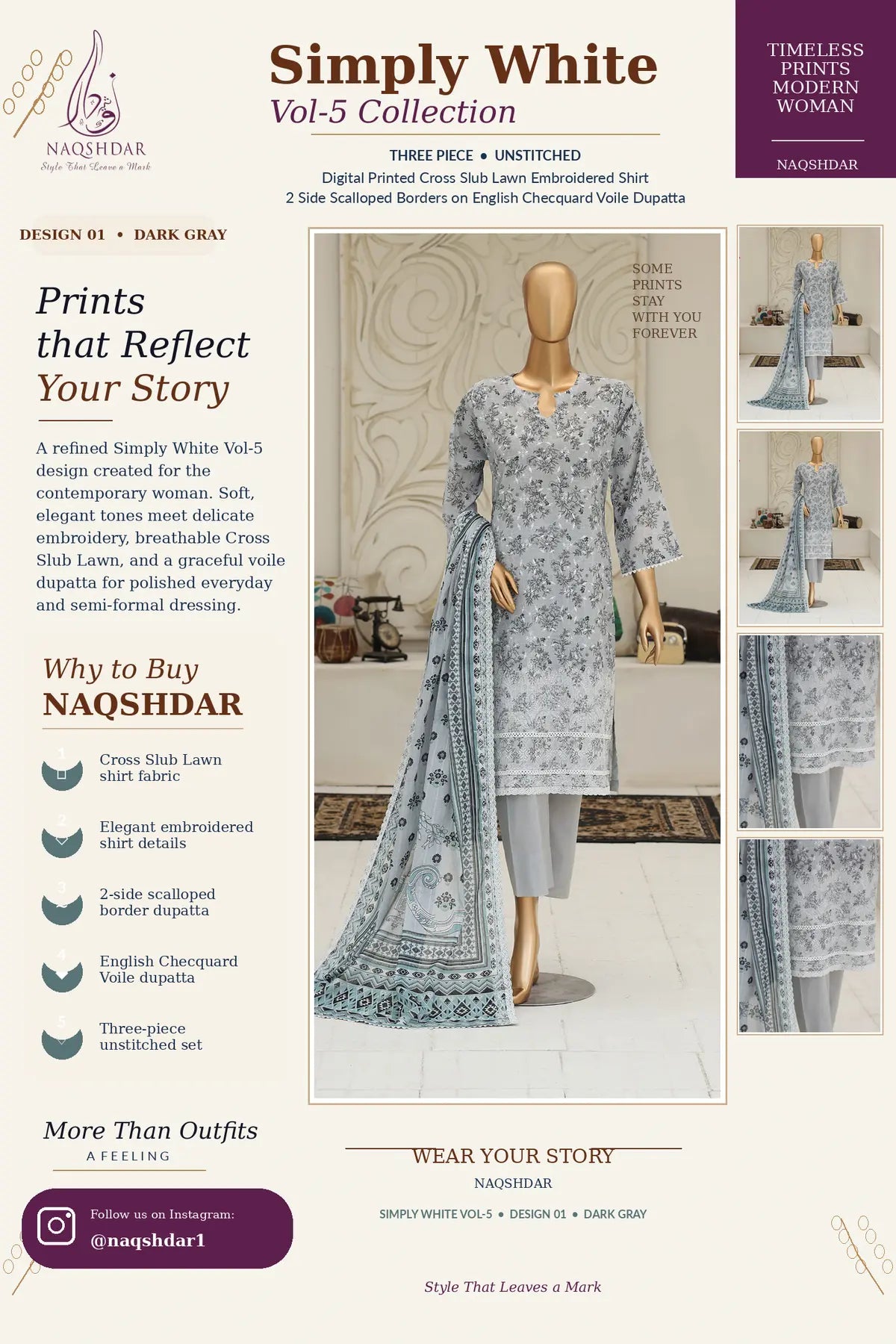 Silver Petal Dark Gray Simply White Vol. 5 three-piece unstitched lawn suit