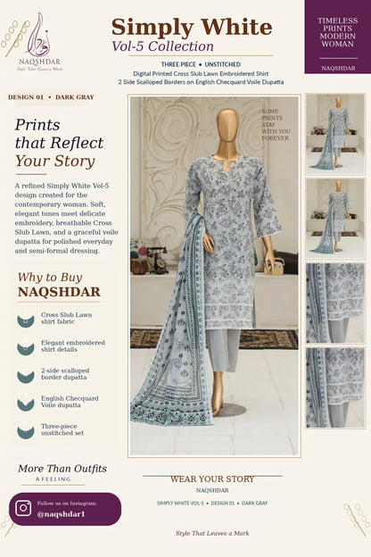 Silver Petal Dark Gray Simply White Vol. 5 three-piece unstitched lawn suit