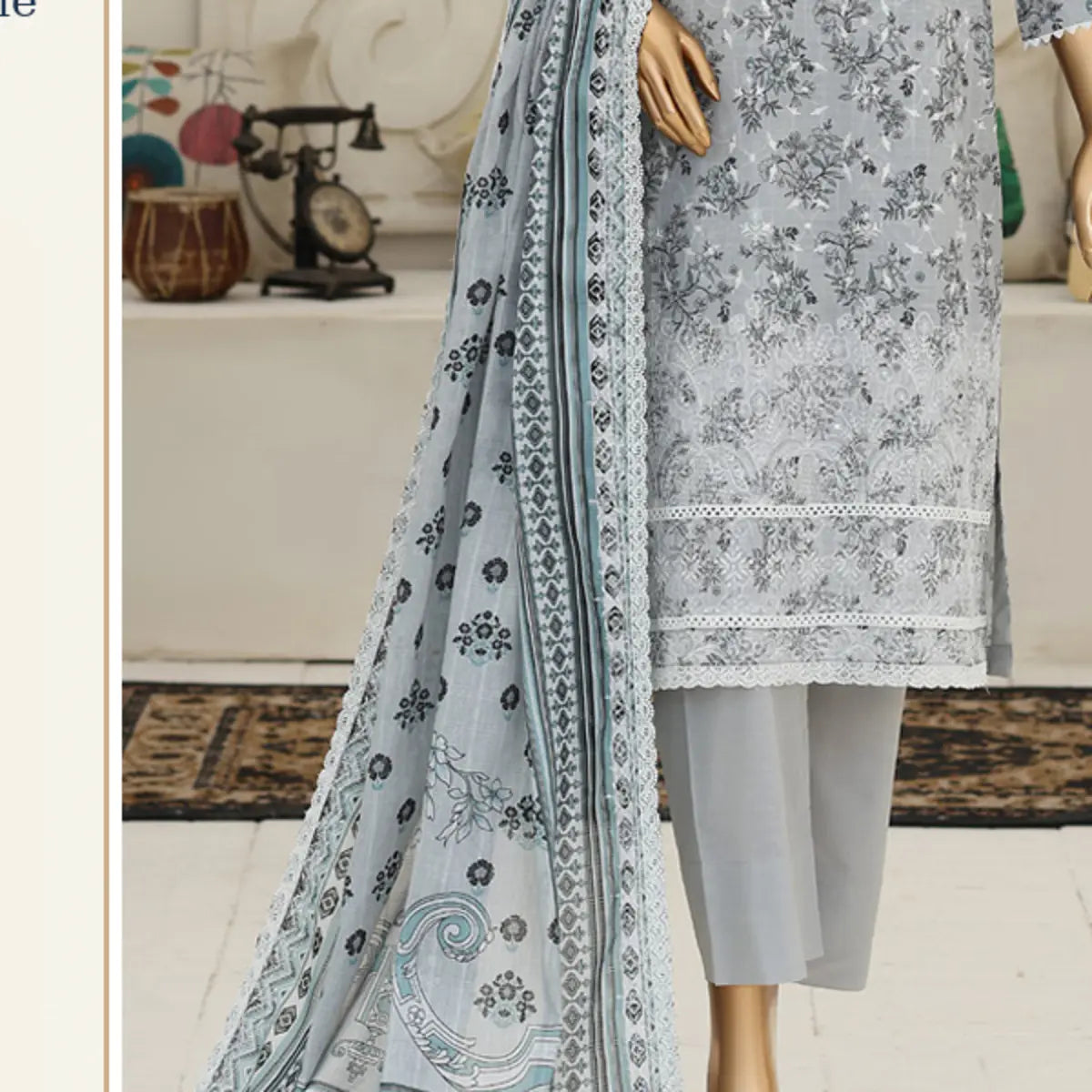 Silver Petal Dark Gray scalloped voile dupatta and shirt border detail