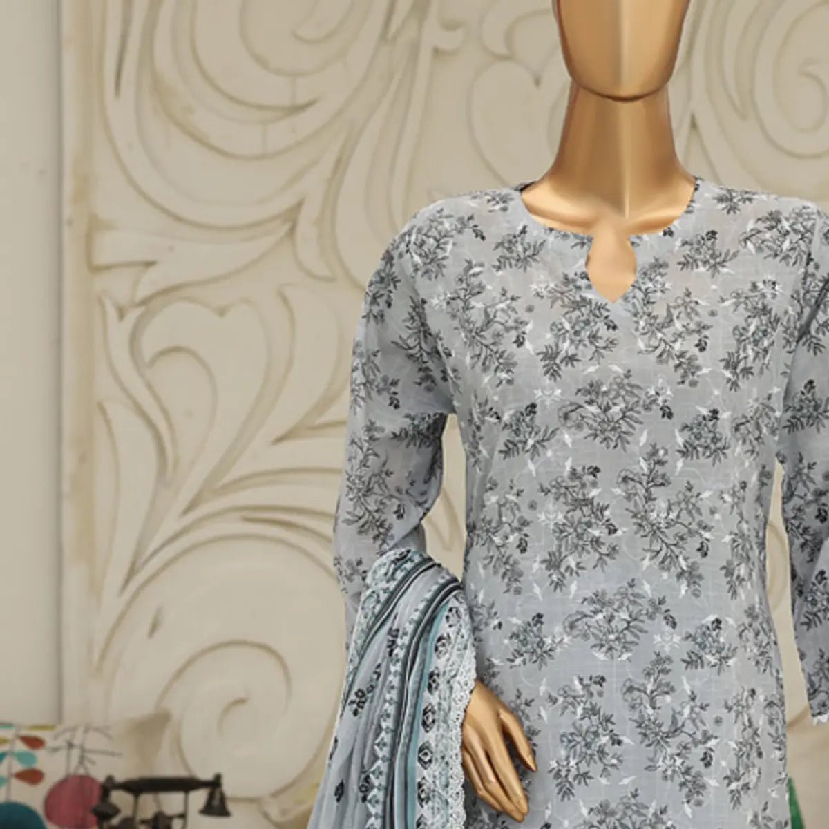Silver Petal Dark Gray embroidered lawn shirt neckline detail