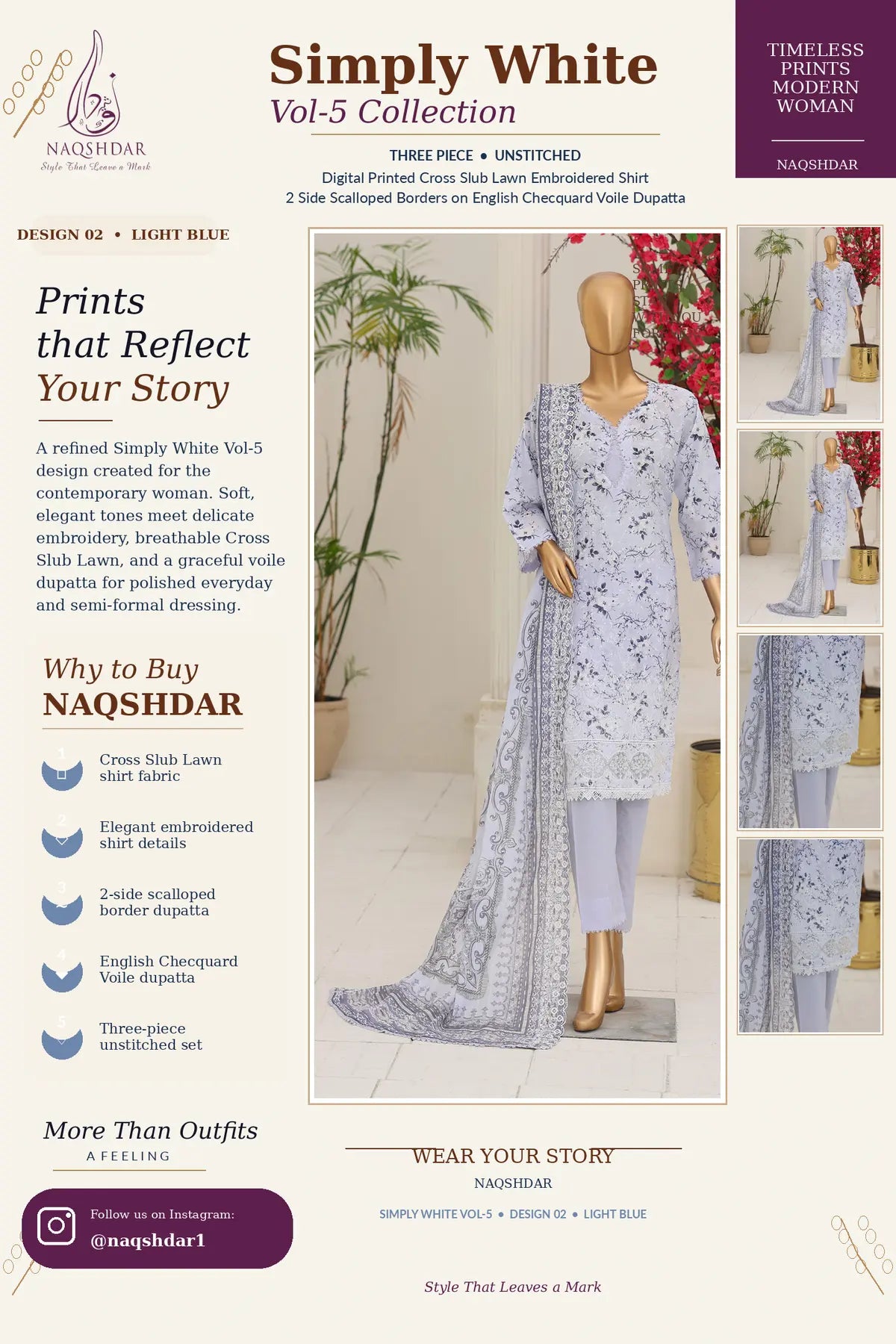 Azure Whisper Light Blue Simply White Vol. 5 three-piece unstitched lawn suit