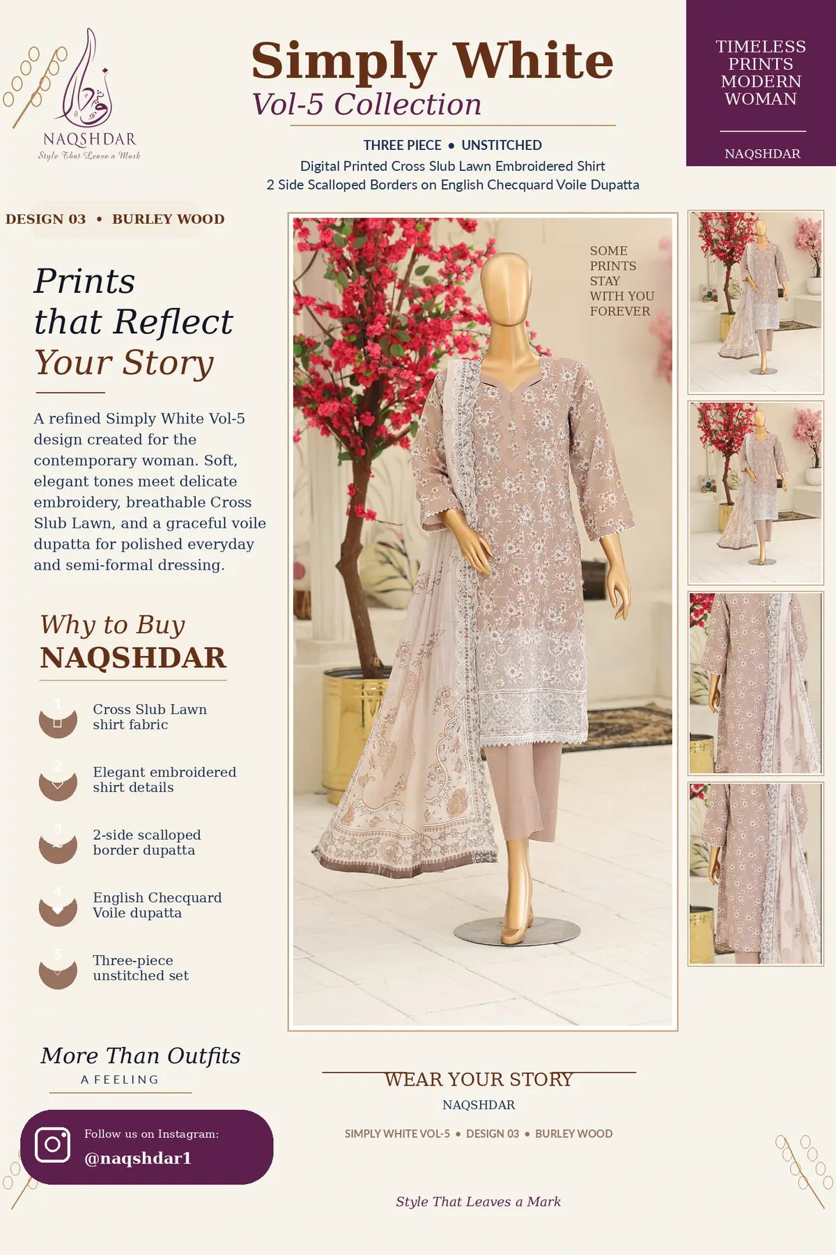 Blushwood Bloom Burley Wood Simply White Vol. 5 three-piece unstitched lawn suit