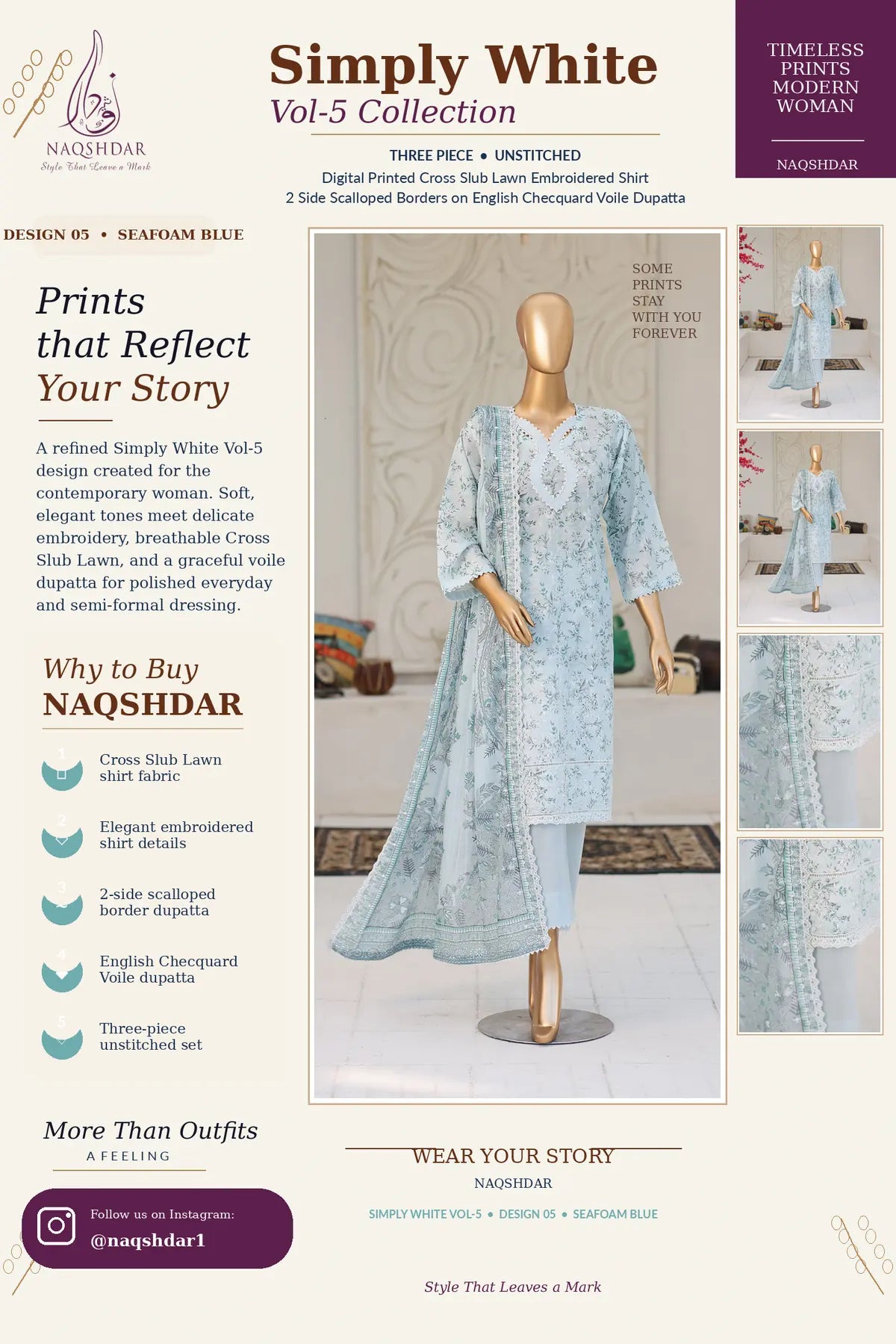 Seafoam Lace Seafoam Blue Simply White Vol. 5 three-piece unstitched lawn suit