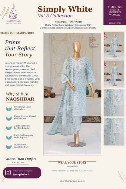 Seafoam Lace Seafoam Blue Simply White Vol. 5 three-piece unstitched lawn suit