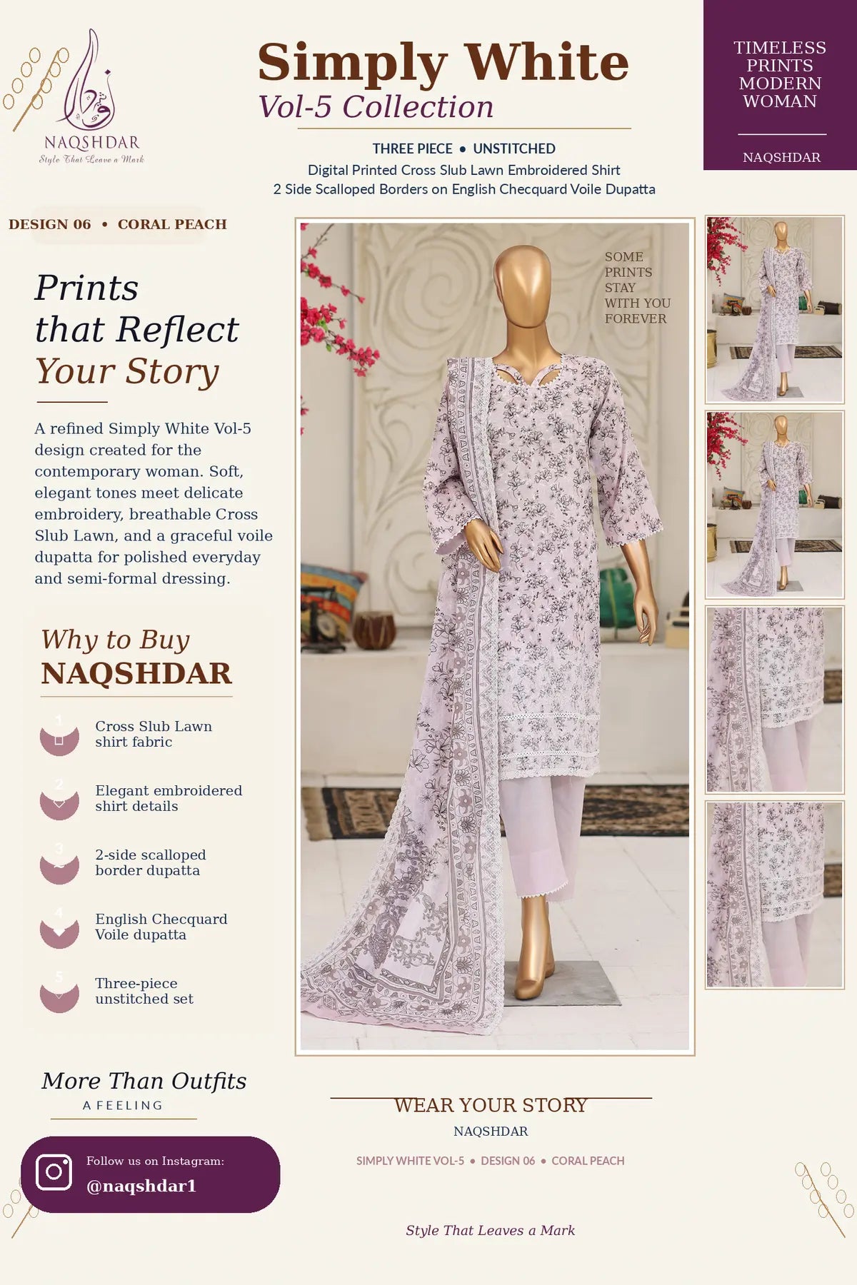 Coral Mist Coral Peach Simply White Vol. 5 three-piece unstitched lawn suit