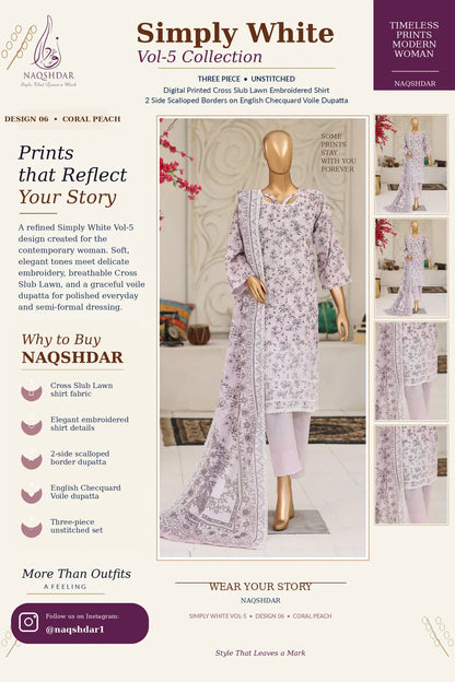 Coral Mist Coral Peach Simply White Vol. 5 three-piece unstitched lawn suit