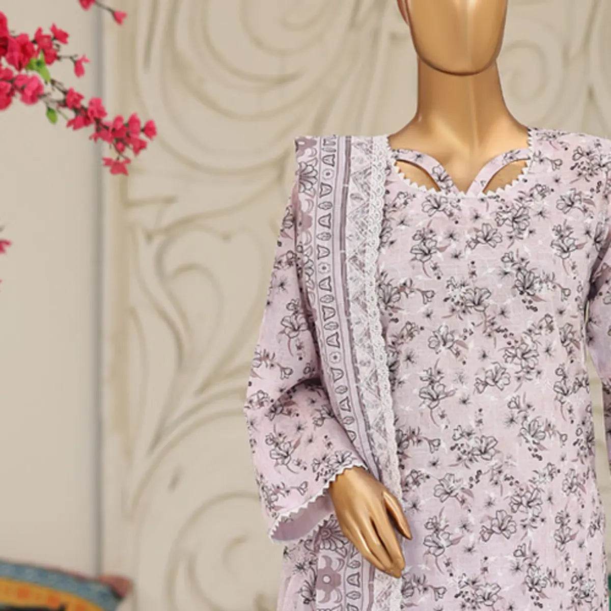 Coral Mist Coral Peach embroidered lawn shirt neckline detail