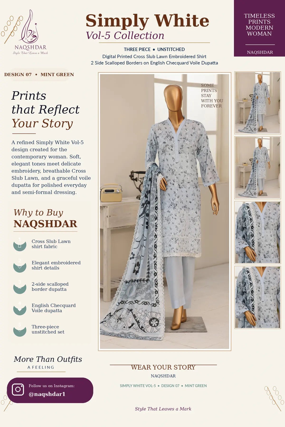 Mint Veil Mint Green Simply White Vol. 5 three-piece unstitched lawn suit