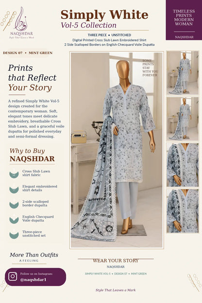 Mint Veil Mint Green Simply White Vol. 5 three-piece unstitched lawn suit